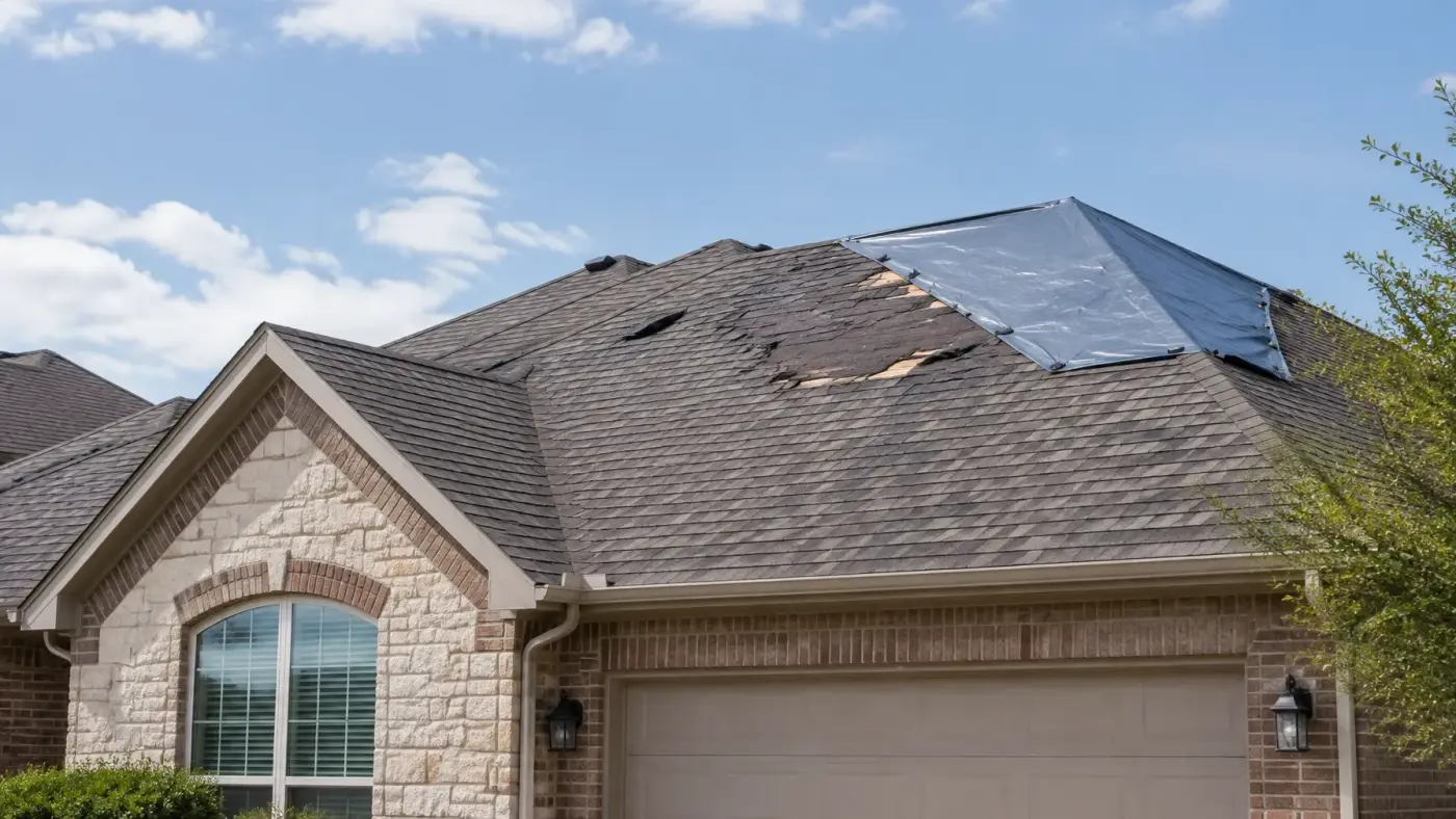 Residential roof with protective covering and visible storm-damaged shingles